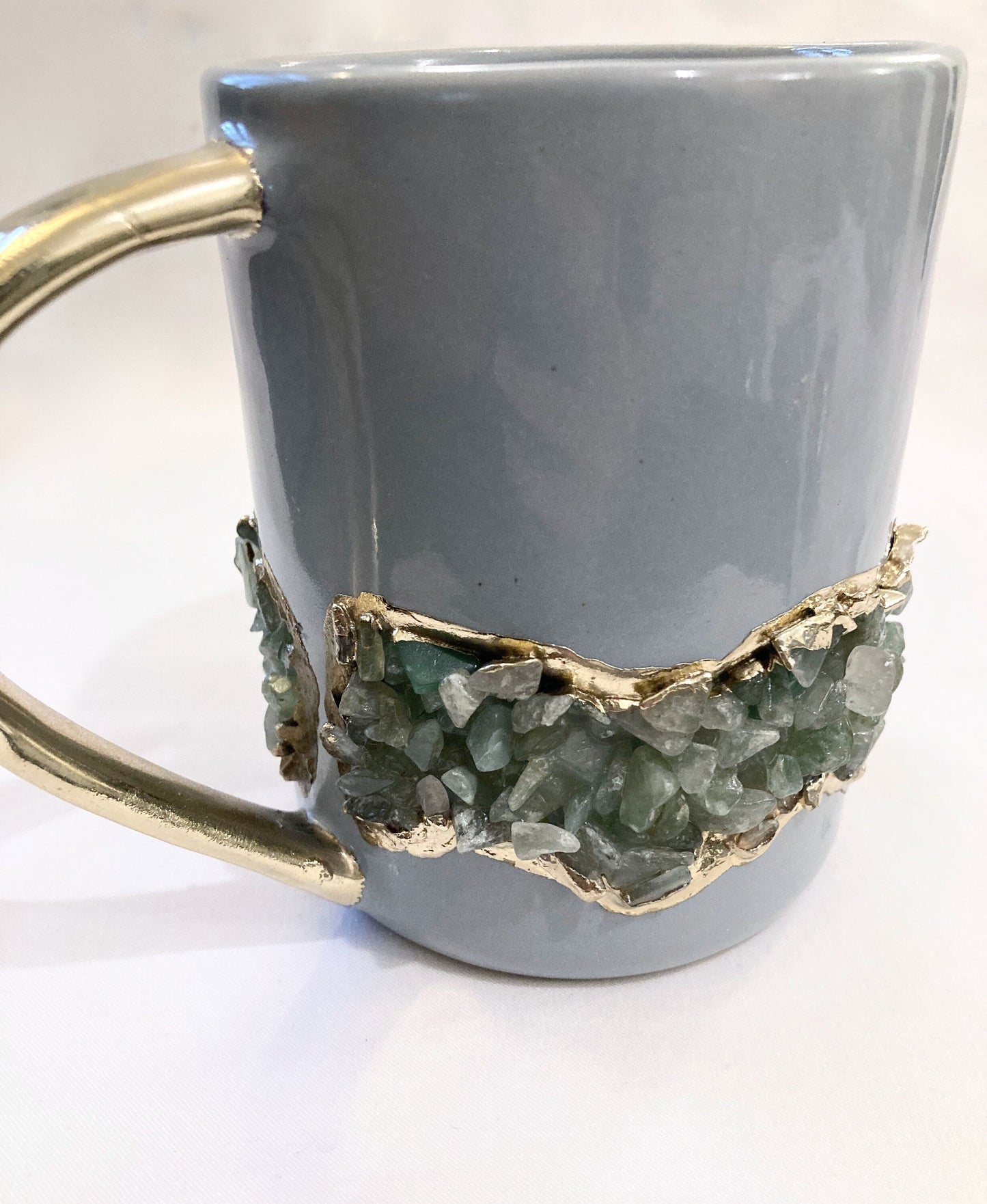 Set of 2 |Personalised Grey, Gold Ceramic Big Coffee/Tea/Juice/Beverage Mug, Light Green Semi-precious Agate Crystal Gemstones | 12 oz/355ml