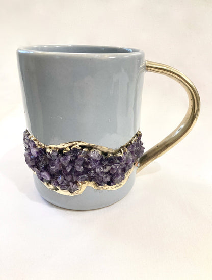 Set of 2 |Personalised Grey and Gold Ceramic Big Coffee/Tea/Juice/Beverage Mug with Amethyst Semi-precious Agate Crystal | 12 oz/355ml