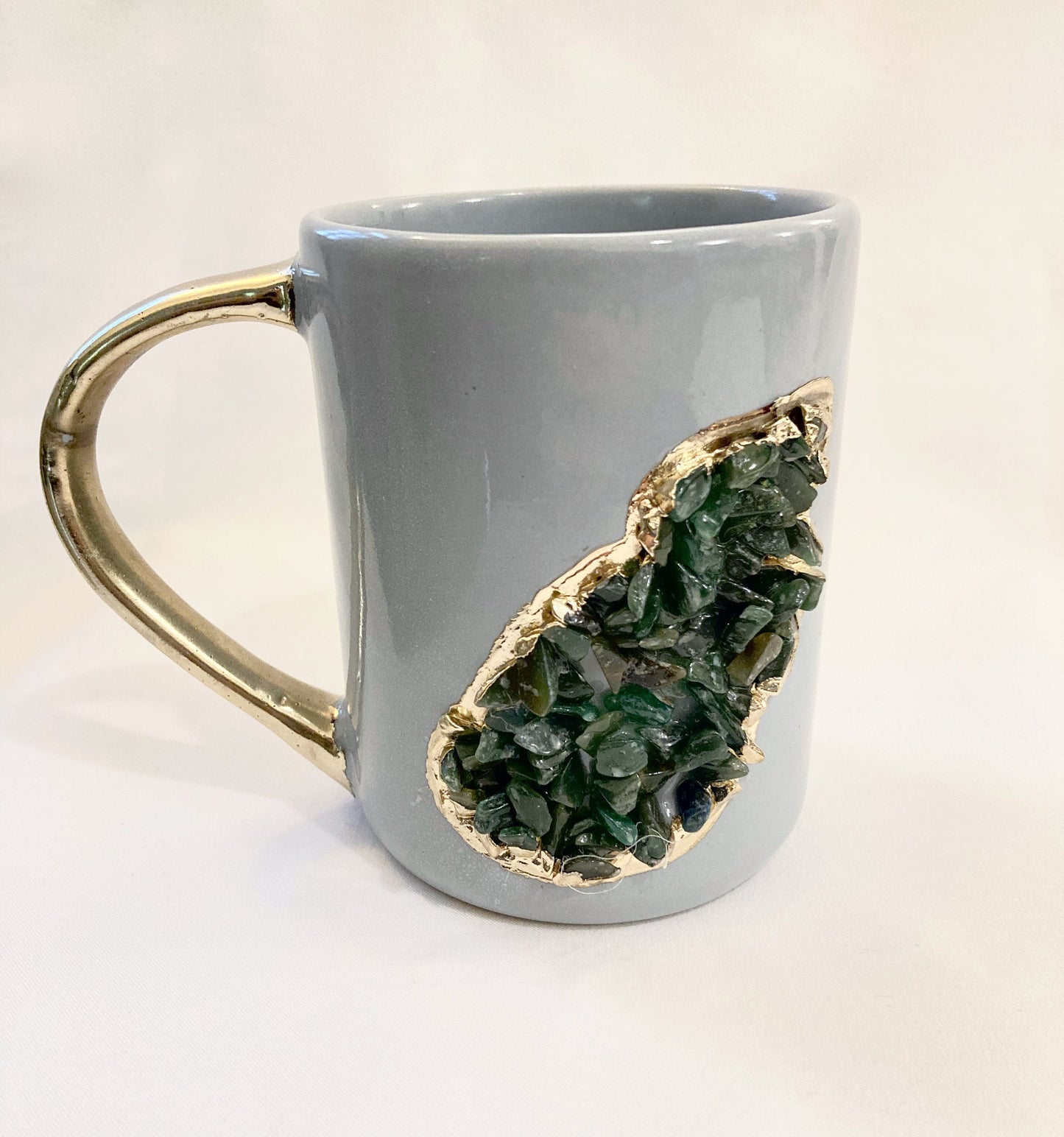 Set of 2 |Personalised Grey and Gold Ceramic Big Coffee/Tea/Juice/Beverage Mug with Dark Green Semi-precious Agate Crystal  | 12 oz/355ml