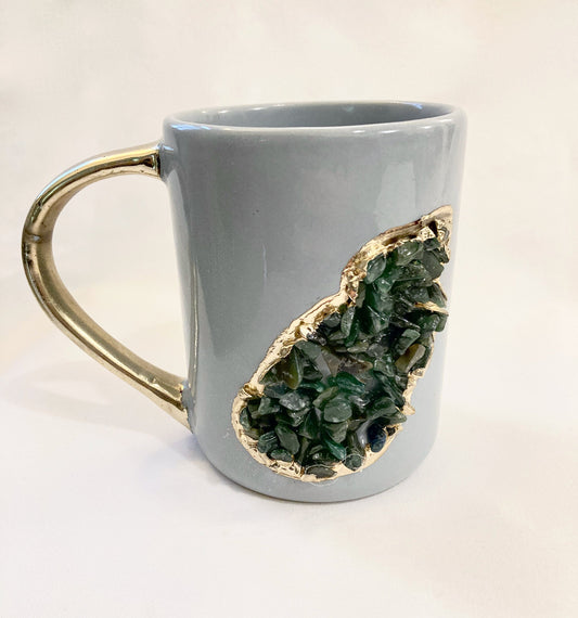 Set of 2 |Personalised Grey and Gold Ceramic Big Coffee/Tea/Juice/Beverage Mug with Dark Green Semi-precious Agate Crystal  | 12 oz/355ml