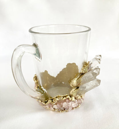 Set of 2 |Crystal Glass Coffee/Tea/Juice Mugs with Gold Plated Clear Crystal and Rose Quartz Agate Semi-precious Crystals | 11 oz/320 ml