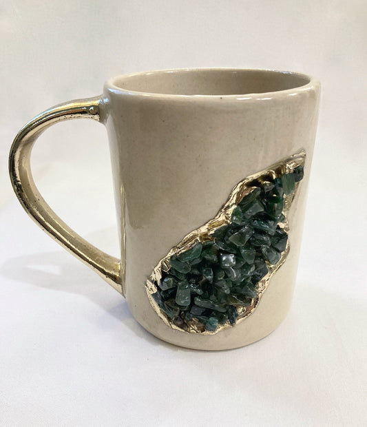 Set of 2 | Personalised Cream, Gold Ceramic Big Coffee/Tea/Juice/Beverage Mug, Dark Green Semi-precious Agate Crystal Gemstones| 12 oz/355ml