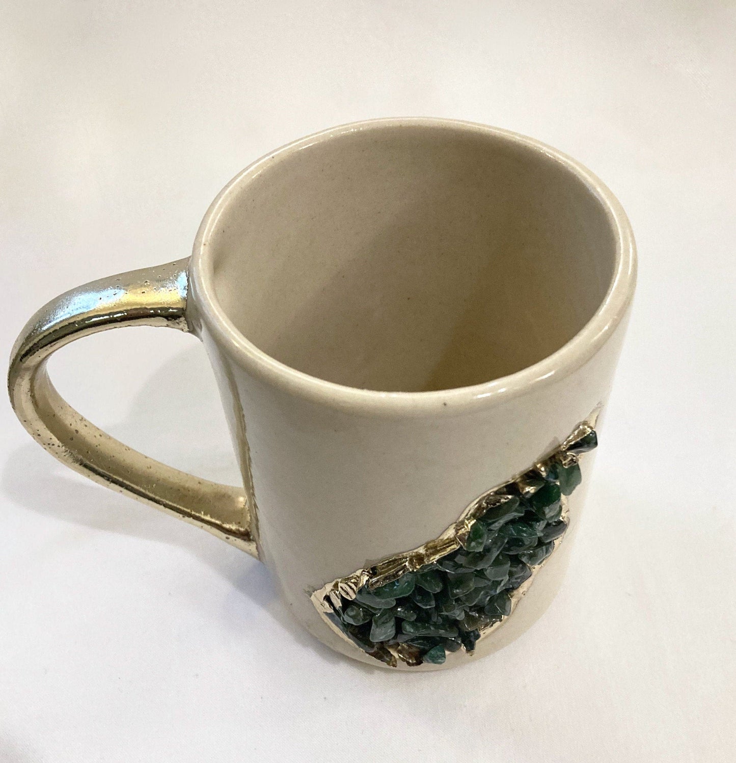 Set of 2 | Personalised Cream, Gold Ceramic Big Coffee/Tea/Juice/Beverage Mug, Dark Green Semi-precious Agate Crystal Gemstones| 12 oz/355ml