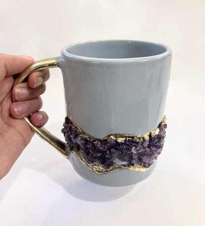 Set of 2 |Personalised Grey and Gold Ceramic Big Coffee/Tea/Juice/Beverage Mug with Amethyst Semi-precious Agate Crystal | 12 oz/355ml