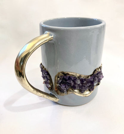 Set of 2 |Personalised Grey and Gold Ceramic Big Coffee/Tea/Juice/Beverage Mug with Amethyst Semi-precious Agate Crystal | 12 oz/355ml
