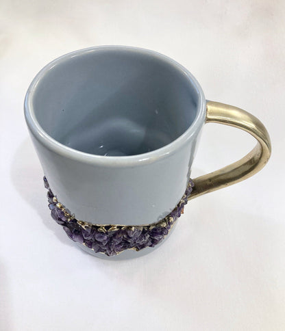Set of 2 |Personalised Grey and Gold Ceramic Big Coffee/Tea/Juice/Beverage Mug with Amethyst Semi-precious Agate Crystal | 12 oz/355ml