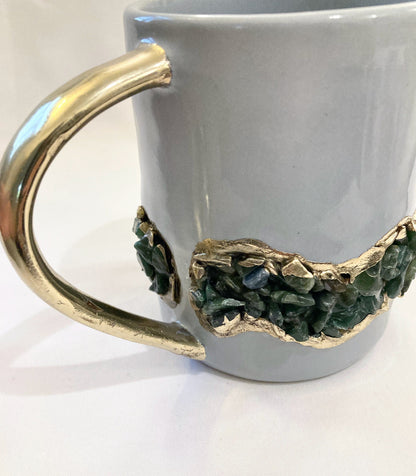 Set of 2 |Personalised Grey, Gold Ceramic Big Coffee/Tea/Juice/Beverage Mug, Dark Green Semi-precious Agate Crystal Gemstones | 12 oz/355ml
