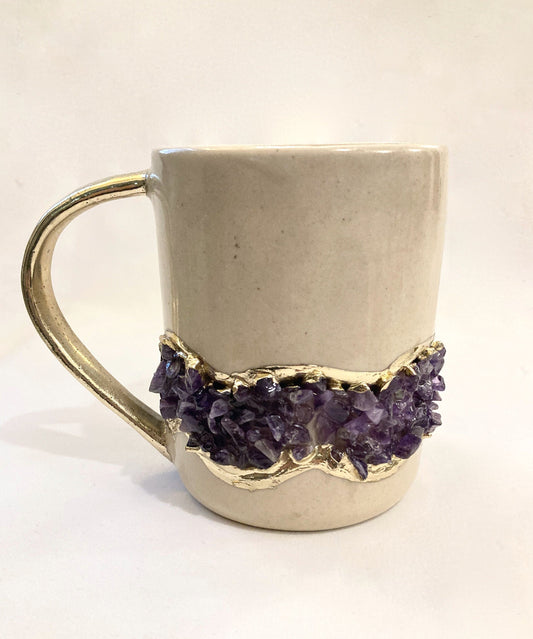 Set of 2|Personalised Cream, Gold Ceramic Big Coffee/Tea/Juice/Beverage Mug , Amethyst Semi-precious Agate Crystal Gemstones | 12 oz/355ml