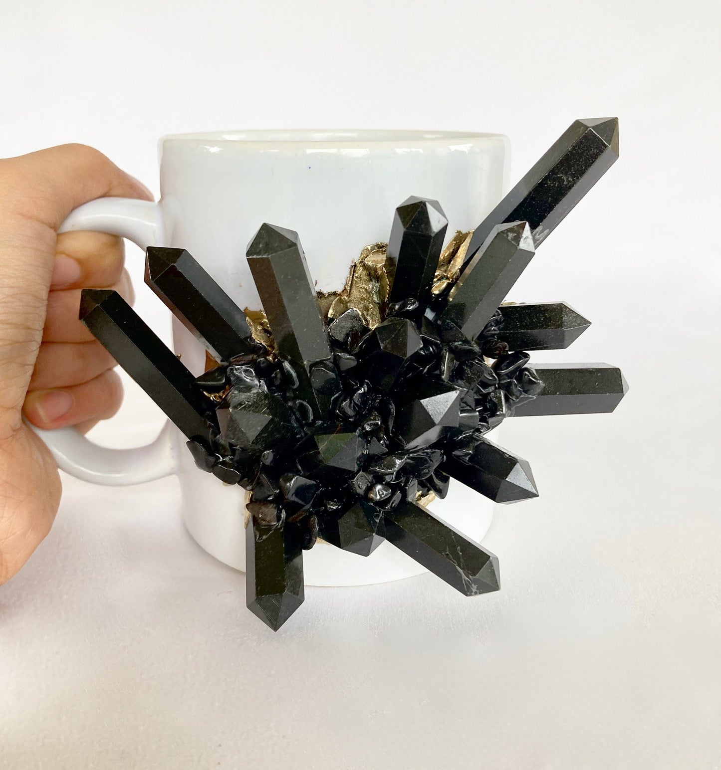 Set of 2 |Personalised White Ceramic Big Coffee/Tea/Juice Mug with Gold Plated Black Agate/Quartz Semi-precious Gemstones | 13 oz/385ml