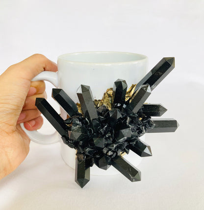 Set of 2 |Personalised White Ceramic Big Coffee/Tea/Juice Mug with Gold Plated Black Agate/Quartz Semi-precious Gemstones | 13 oz/385ml