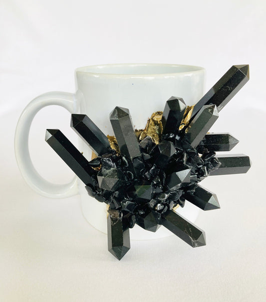 Set of 2 |Personalised White Ceramic Big Coffee/Tea/Juice Mug with Gold Plated Black Agate/Quartz Semi-precious Gemstones | 13 oz/385ml