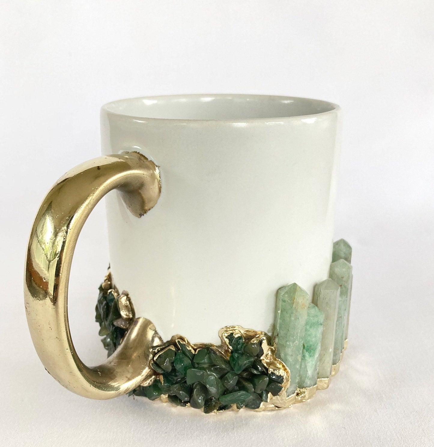 Set of 2 | Personalised White and Gold Ceramic Big Coffee/Tea/Juice/Beverage Mug with Green Semi-precious Agate Crystal | 13 oz/385ml