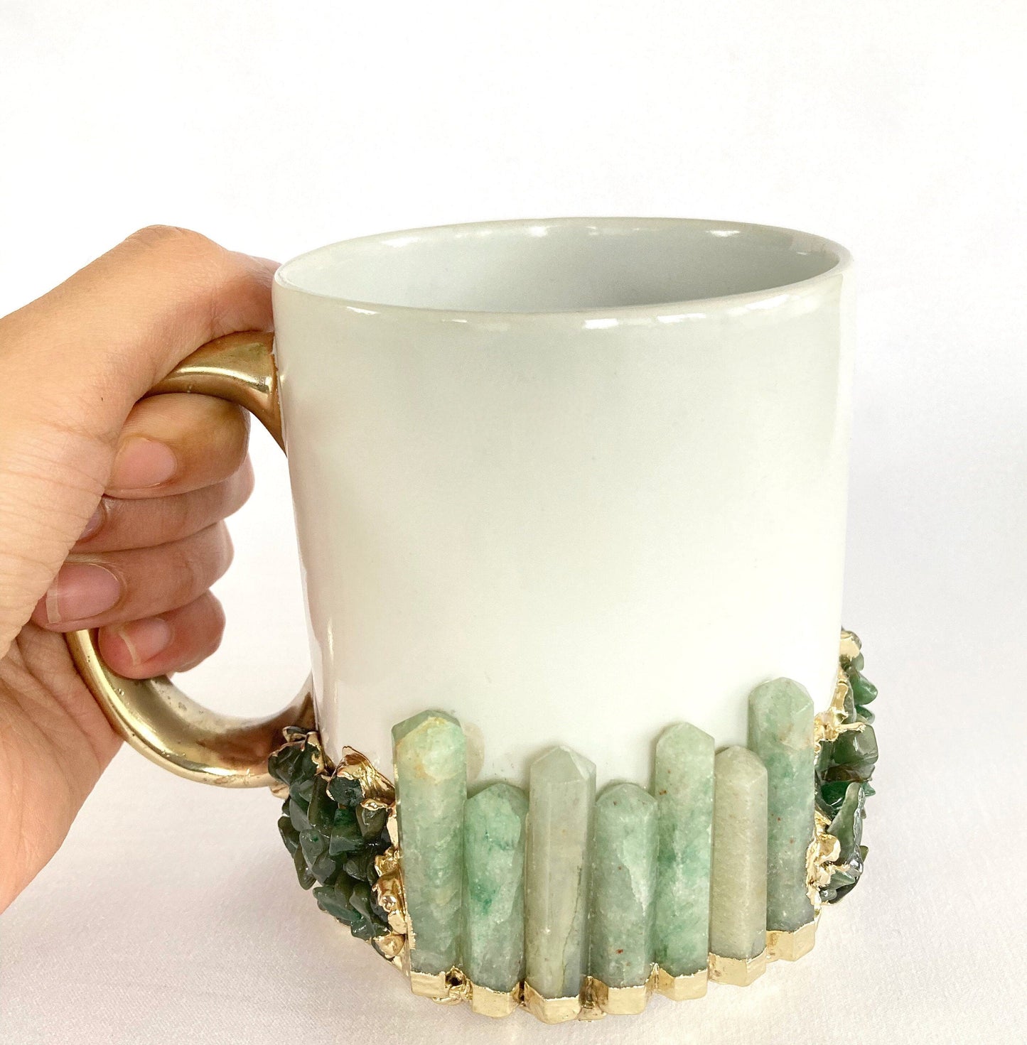 Set of 2 | Personalised White and Gold Ceramic Big Coffee/Tea/Juice/Beverage Mug with Green Semi-precious Agate Crystal | 13 oz/385ml