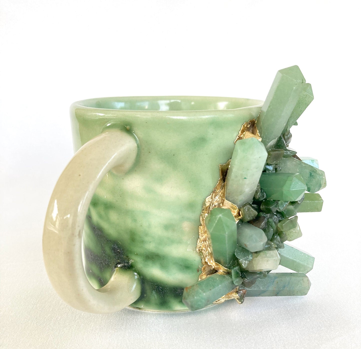 Set of 2 |Personalised Green Marble Effect Ceramic Big Coffee/Tea/Juice Mug with Gold Plated Green Agate Semi-precious | 11 oz/325 ml