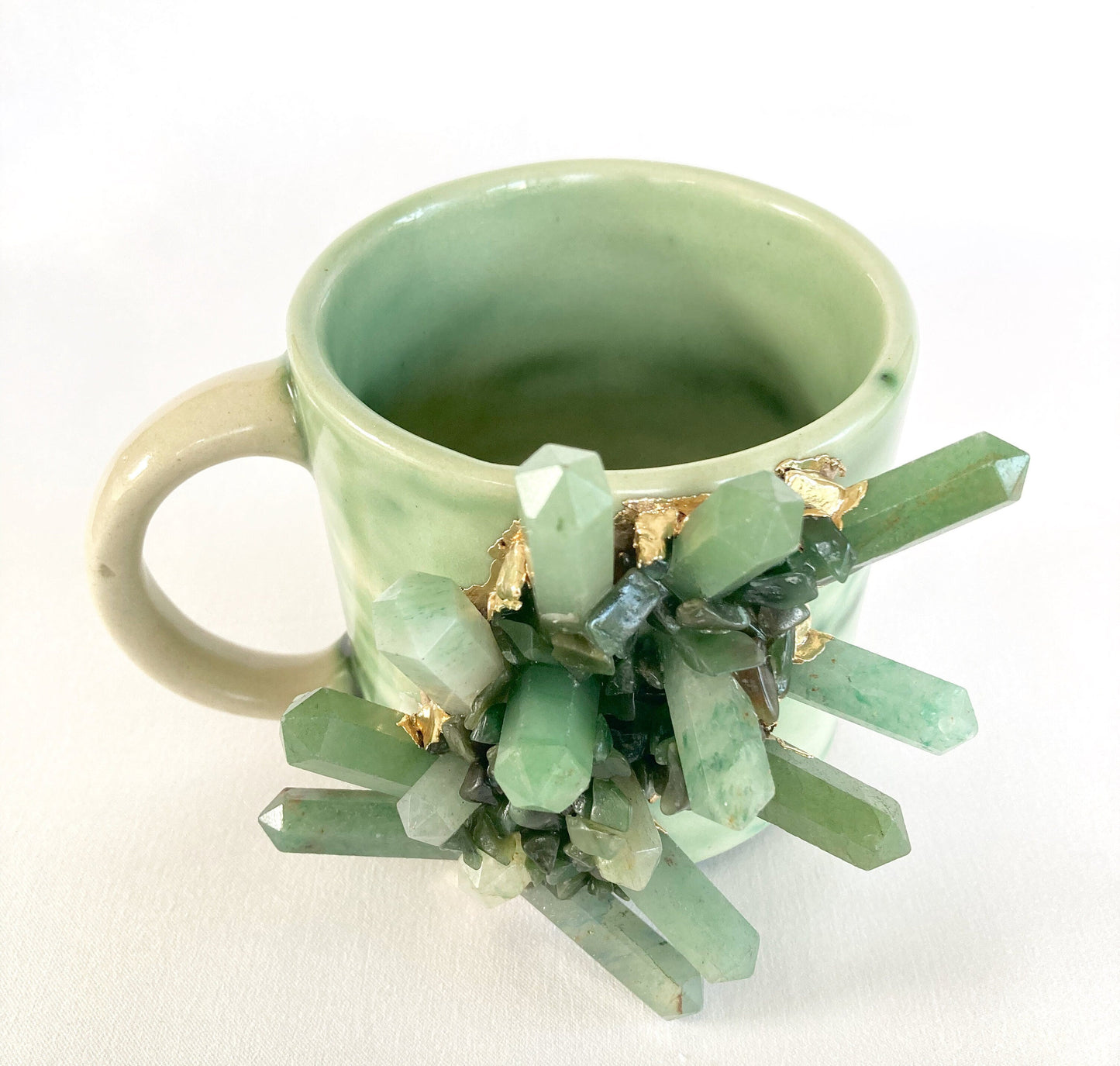 Set of 2 |Personalised Green Marble Effect Ceramic Big Coffee/Tea/Juice Mug with Gold Plated Green Agate Semi-precious | 11 oz/325 ml