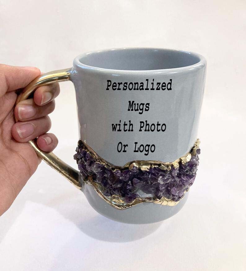 Set of 2 |Personalised Grey and Gold Ceramic Big Coffee/Tea/Juice/Beverage Mug with Amethyst Semi-precious Agate Crystal | 12 oz/355ml