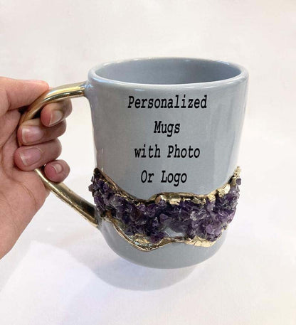Set of 2 |Personalised Grey and Gold Ceramic Big Coffee/Tea/Juice/Beverage Mug with Amethyst Semi-precious Agate Crystal | 12 oz/355ml