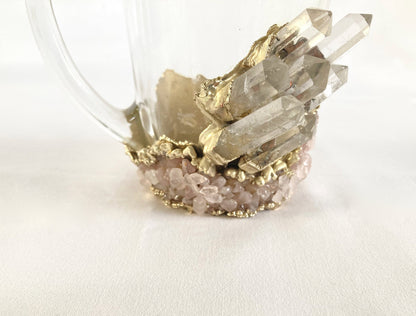 Set of 2 |Crystal Glass Coffee/Tea/Juice Mugs with Gold Plated Clear Crystal and Rose Quartz Agate Semi-precious Crystals | 11 oz/320 ml