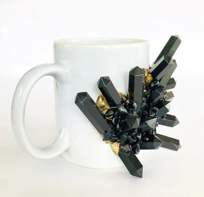 Set of 2 |Personalised White Ceramic Big Coffee/Tea/Juice Mug with Gold Plated Black Agate/Quartz Semi-precious Gemstones | 13 oz/385ml