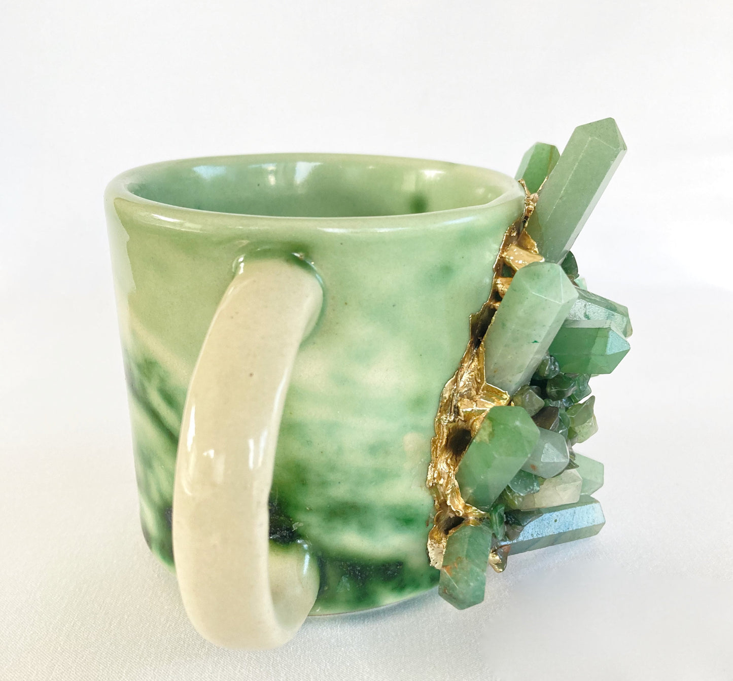Set of 2 |Personalised Green Marble Effect Ceramic Big Coffee/Tea/Juice Mug with Gold Plated Green Agate Semi-precious | 11 oz/325 ml