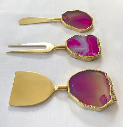 Set of 3 Pink Agate Cheese Knives/Spreaders