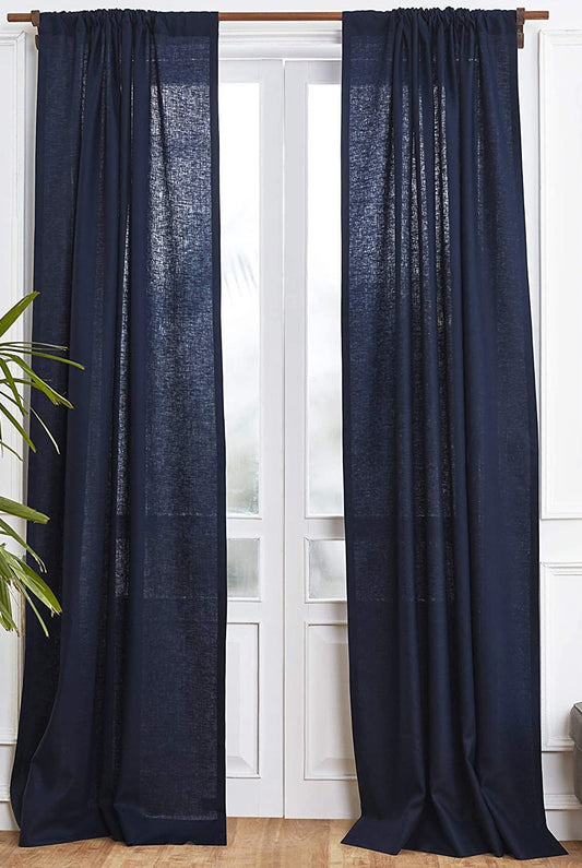 Navy - 100% Pure Linen Curtains | Cotton Linen Mix | Two Panels | 2" Rod Pocket | Semi Sheer