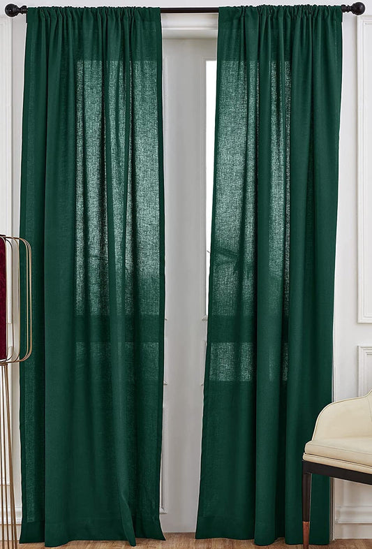 Dark Green - 100% Pure Linen Curtains | Cotton Linen Mix | Two Panels | 2" Rod Pocket | Semi Sheer