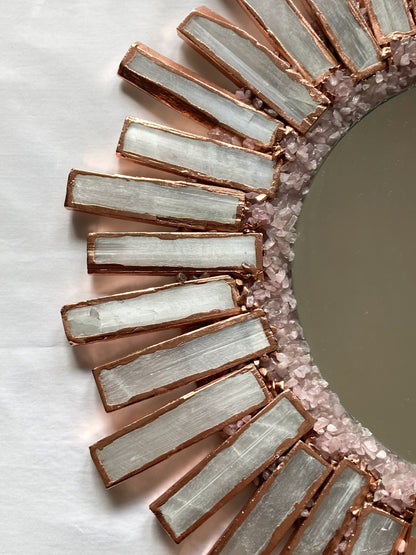 Starburst - Handmade 20" Round Rose Gold Plated Selenite Mirror with Rose Quartz Agate Crystal Gemstones