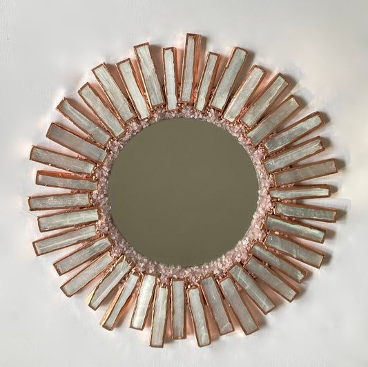 Starburst - Handmade 20" Round Rose Gold Plated Selenite Mirror with Rose Quartz Agate Crystal Gemstones