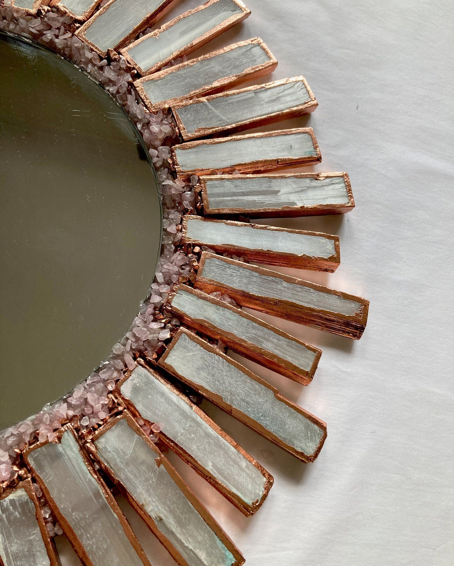 Starburst - Handmade 20" Round Rose Gold Plated Selenite Mirror with Rose Quartz Agate Crystal Gemstones