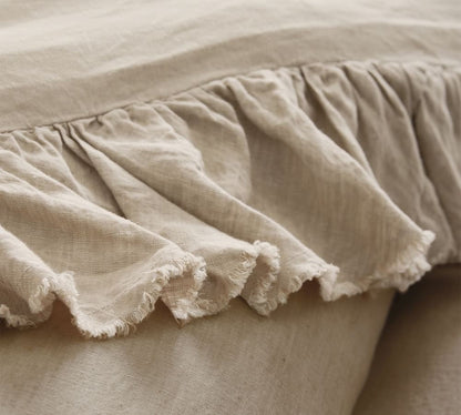 Natural - 100% Pure Linen | Linen Cotton Mix | 3 Piece Ruffle Duvet Cover Set | Handmade | Pre-washed | Soft