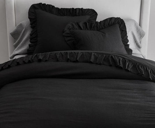Black - 100% Pure Linen | Linen Cotton Mix | 3 Piece Ruffle Duvet Cover Set | Handmade | Pre-washed | Soft