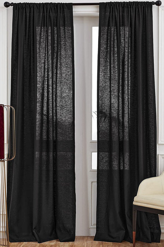 Black - 100% Pure Linen Curtains | Cotton Linen Mix | Two Panels | 2" Rod Pocket | Semi Sheer