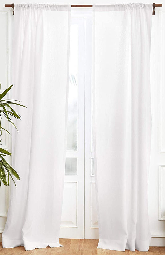 White - 100% Pure Linen Curtains | Cotton Linen Mix | Two Panels | 2" Rod Pocket | Semi Sheer
