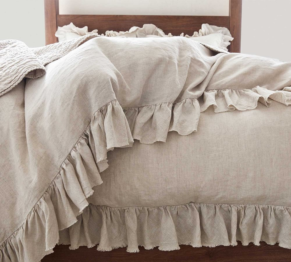 Natural - 100% Pure Linen | Linen Cotton Mix | 3 Piece Ruffle Duvet Cover Set | Handmade | Pre-washed | Soft
