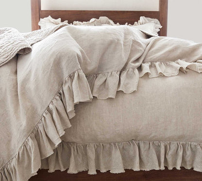 Natural - 100% Pure Linen | Linen Cotton Mix | 3 Piece Ruffle Duvet Cover Set | Handmade | Pre-washed | Soft