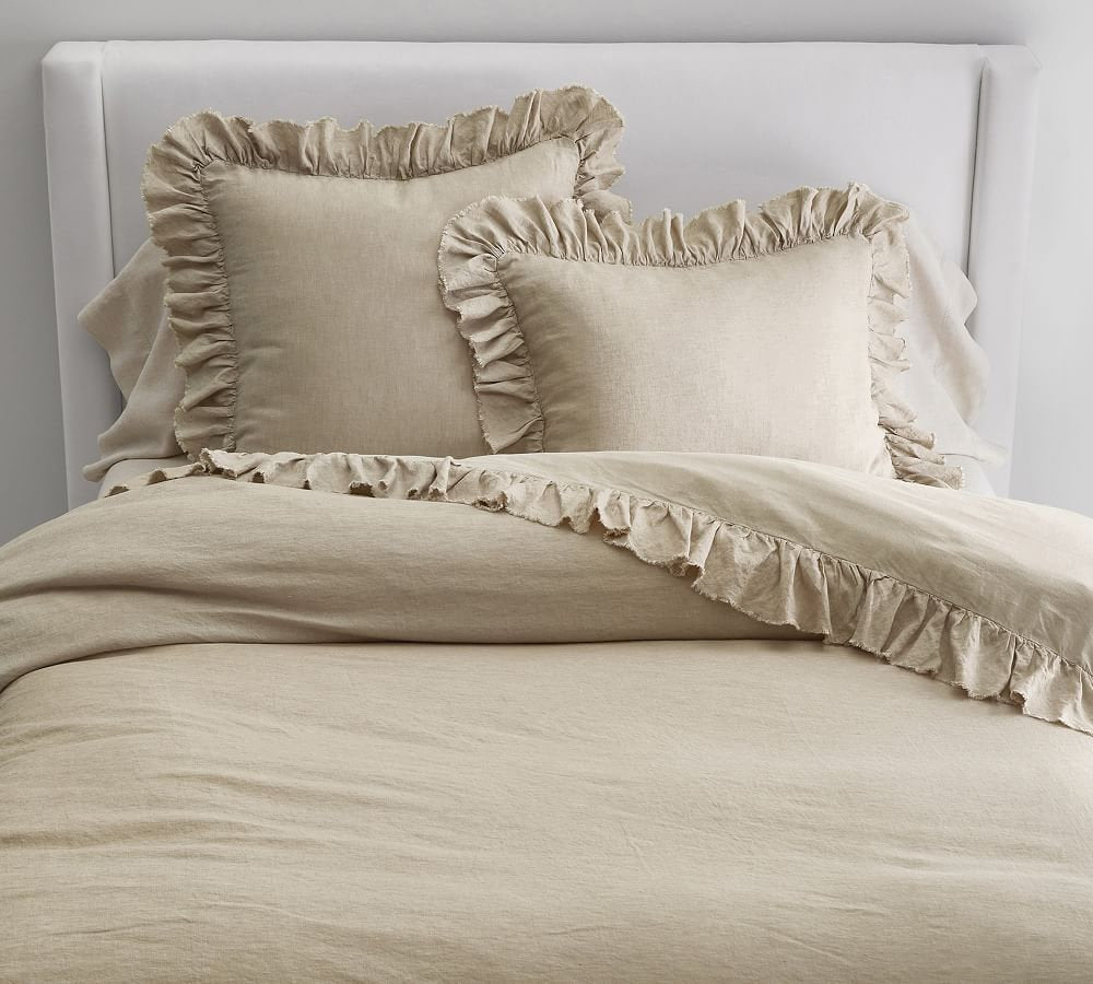 Natural - 100% Pure Linen | Linen Cotton Mix | 3 Piece Ruffle Duvet Cover Set | Handmade | Pre-washed | Soft