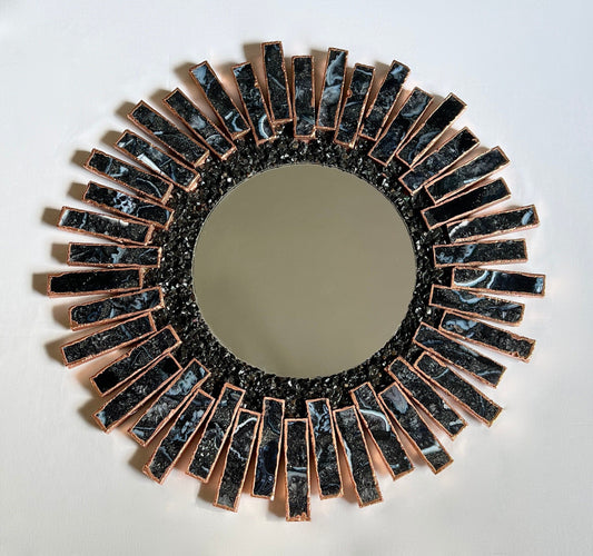 Starburst - Handmade 20" Round Rose Gold Plated Agate Mirror with Blue Black Agate Crystal Gemstones
