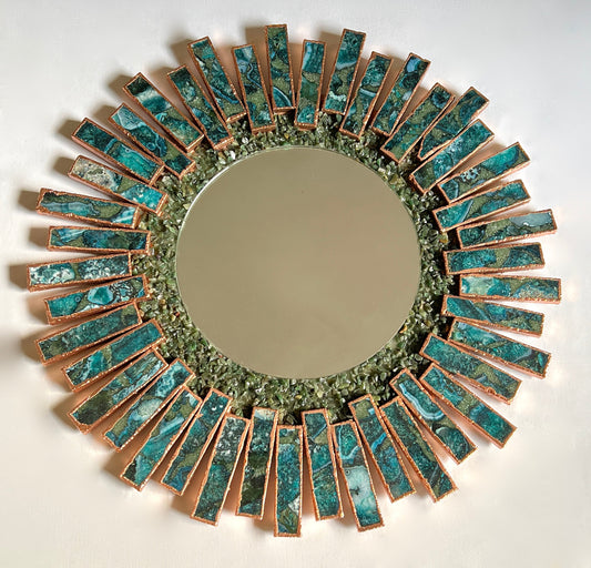 Starburst - Handmade 20" Round Rose Gold Plated Agate Mirror with Blue Green Agate Crystal Gemstones
