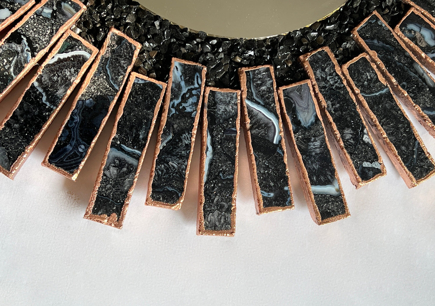 Starburst - Handmade 20" Round Rose Gold Plated Agate Mirror with Blue Black Agate Crystal Gemstones