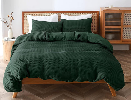 Dark Green - Waffle Weave | Pure Cotton, Pure Linen or Linen Cotton Mix | 3 Piece Duvet Cover Set | Handmade | Pre-washed | Soft