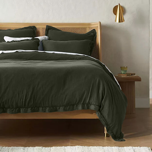 Embroidered Edge Moss Green 100% Pure Linen | Linen Cotton Mix | 3 Piece Duvet Cover Set | 4 Piece Sheet Set | Handmade | Pre-washed | Soft