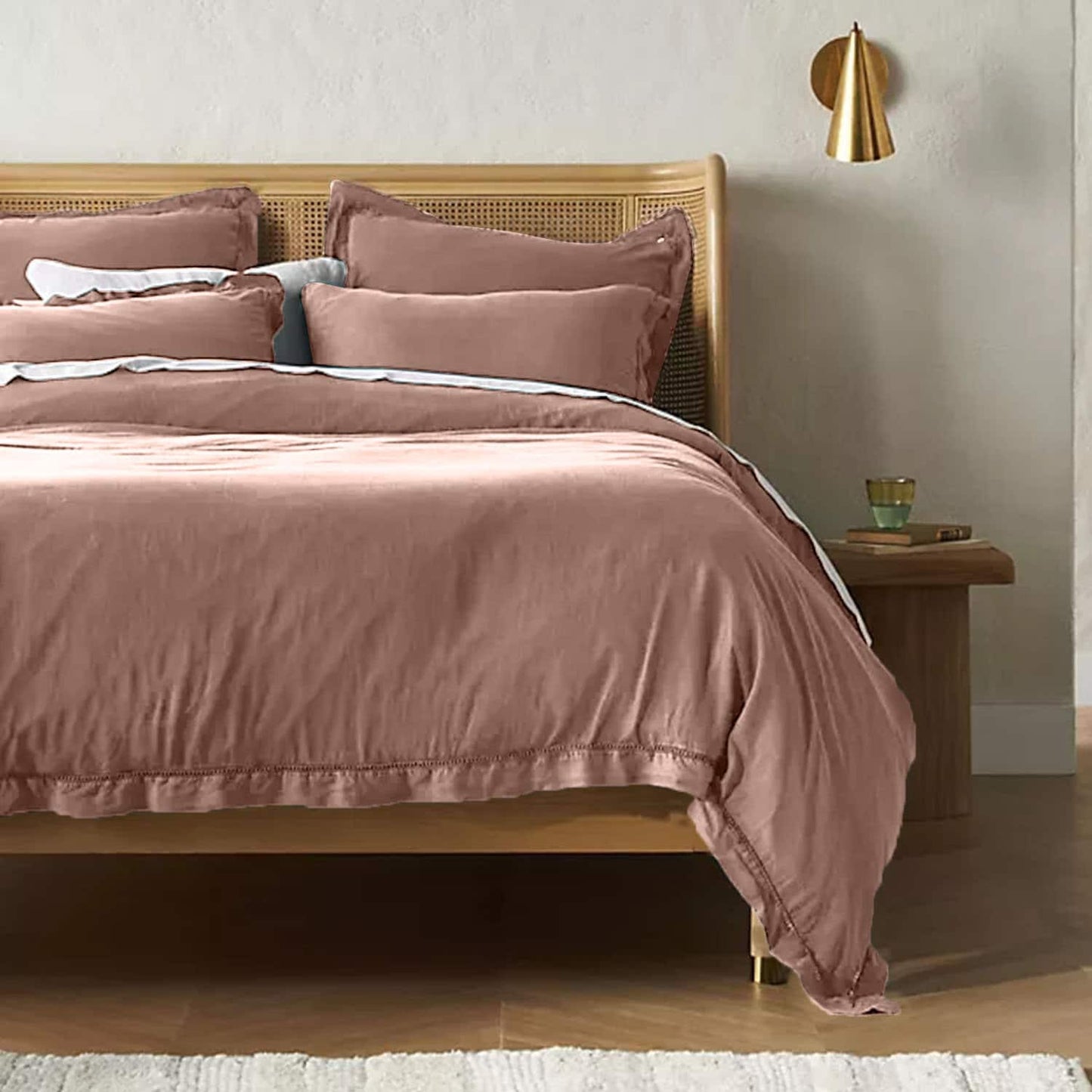 Embroidered Edge Clay 100% Pure Linen | Linen Cotton Mix | 3 Piece Duvet Cover Set | 4 Piece Sheet Set | Handmade | Pre-washed | Soft