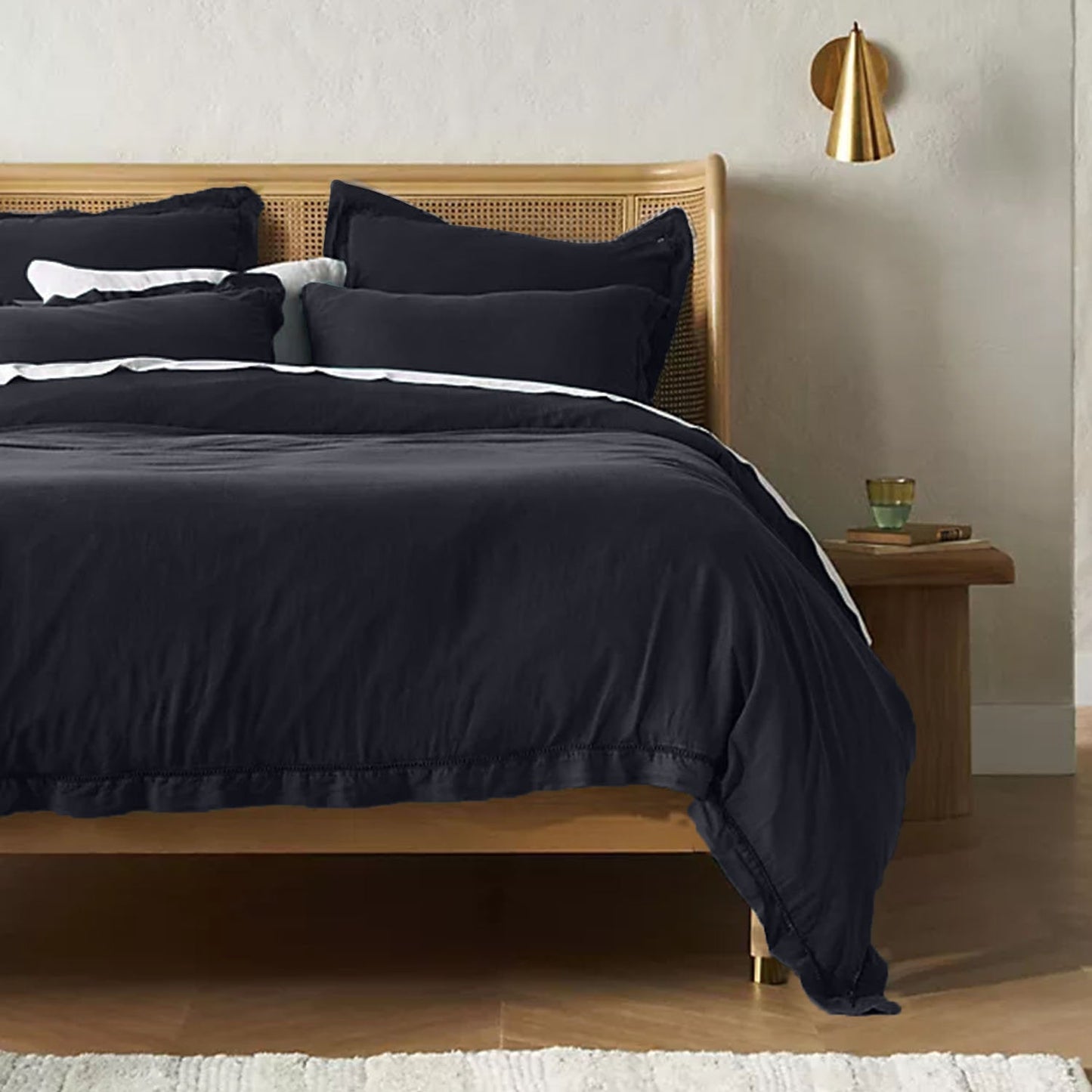 EmbroideredEdgeCharcoalBlack 100% Pure Linen | Linen Cotton Mix | 3 Piece Duvet Cover Set | 4 Piece Sheet Set | Handmade | Pre-washed | Soft