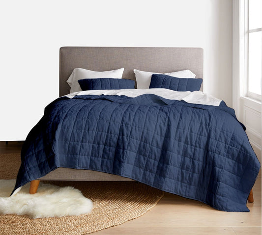 Navy Blue - 3-Piece Quilt Bedding with Pillowcases | Lightweight Blanket | Cotton Filling | PureCottonSateen, PureLinen or LinenCottonMix
