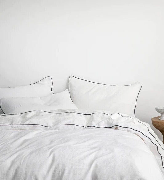 White with Navy Piping  - 100% Pure Linen or Linen Cotton | 3 Piece Piped Duvet Cover Set | Handmade | Pre-washed