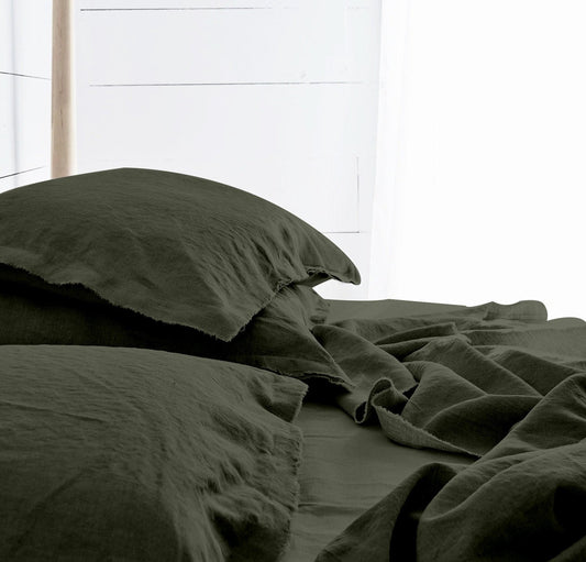 Raw Edged Moss Green - 100% Pure Linen | Linen Cotton Mix | 3 Piece Duvet Cover Set | 4 Piece Sheet Set | Handmade | Pre-washed | Soft