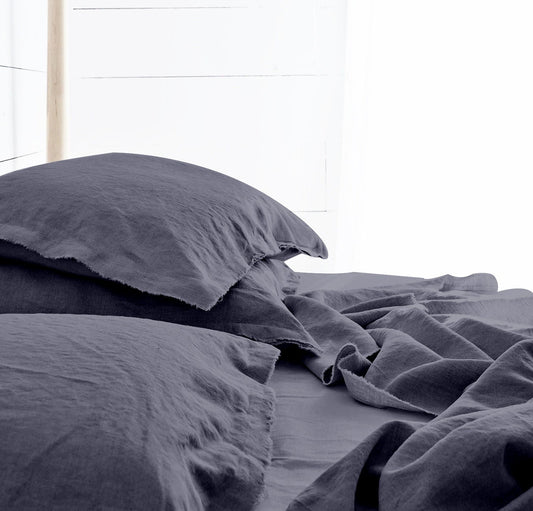 Raw Edged Charcoal Black - 100% Pure Linen | Linen Cotton Mix | 3 Piece Duvet Cover Set | 4 Piece Sheet Set | Handmade | Pre-washed | Soft
