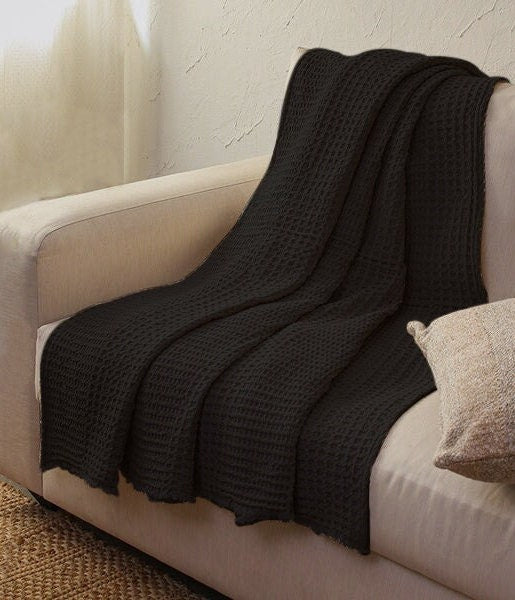 Pure Black - Waffle Weave Throw Blanket | Super Soft | Pre-Washed | Pure Linen, Linen Cotton Mix or Pure Cotton Fabric