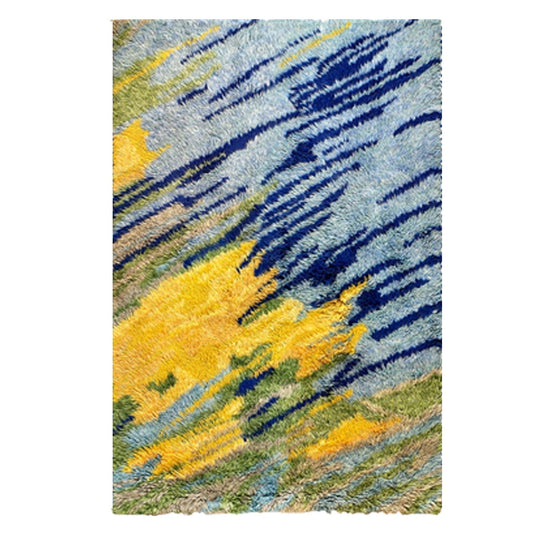 Blue, Yellow, Green | Abstract Design - Handcrafted Rug/Carpet | Pure Wool | Hand Tufted | High Pile | High Density | Yarn Dyed